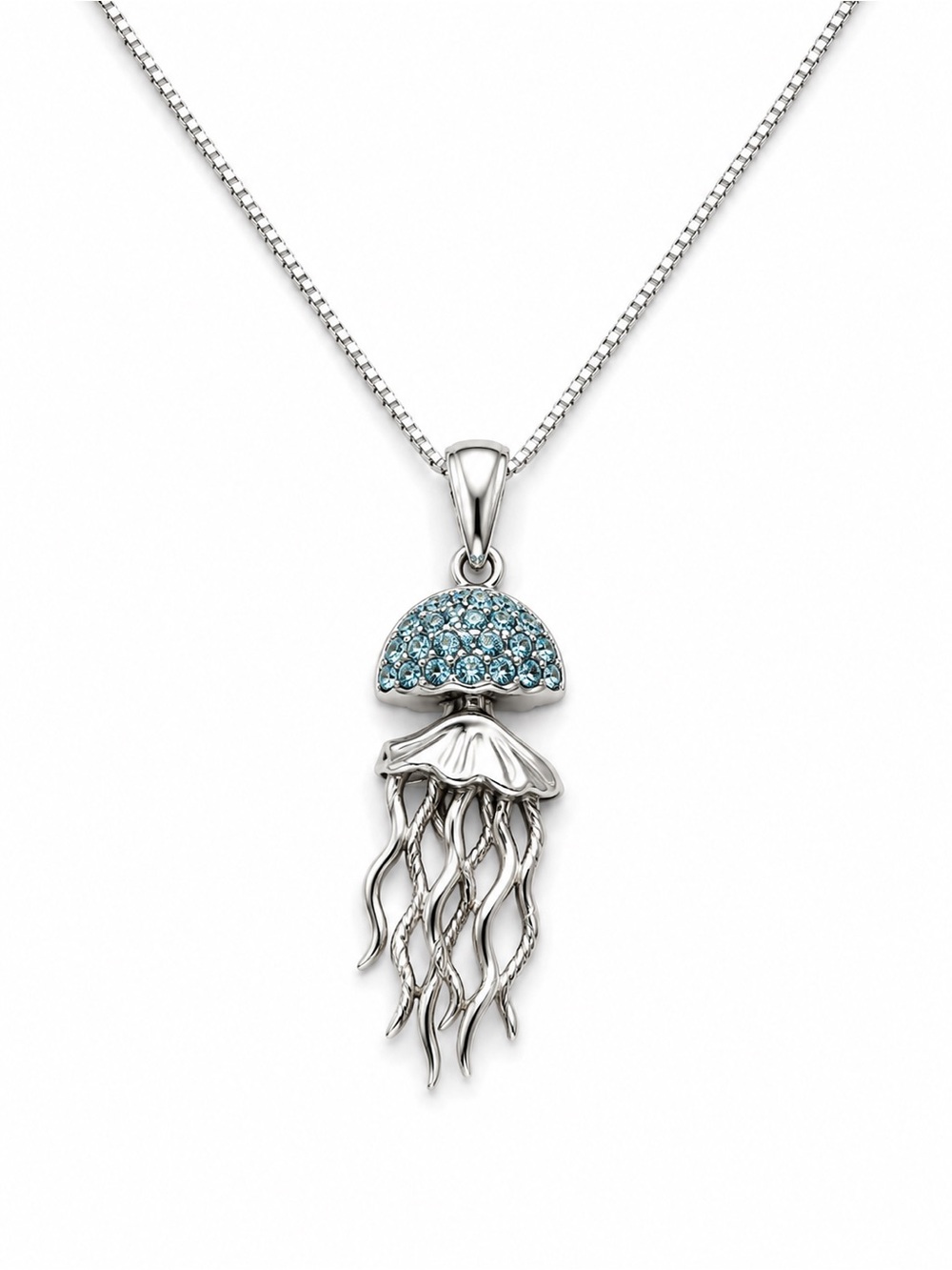 Sterling Silver Jellyfish Pendant Necklace with Blue Crystal Accents